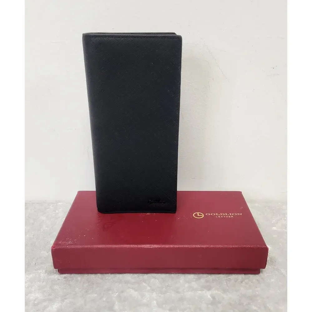 NWT Goldlion Mens Black Soft Lambskin Leather Long Bi-Fold Wallet
